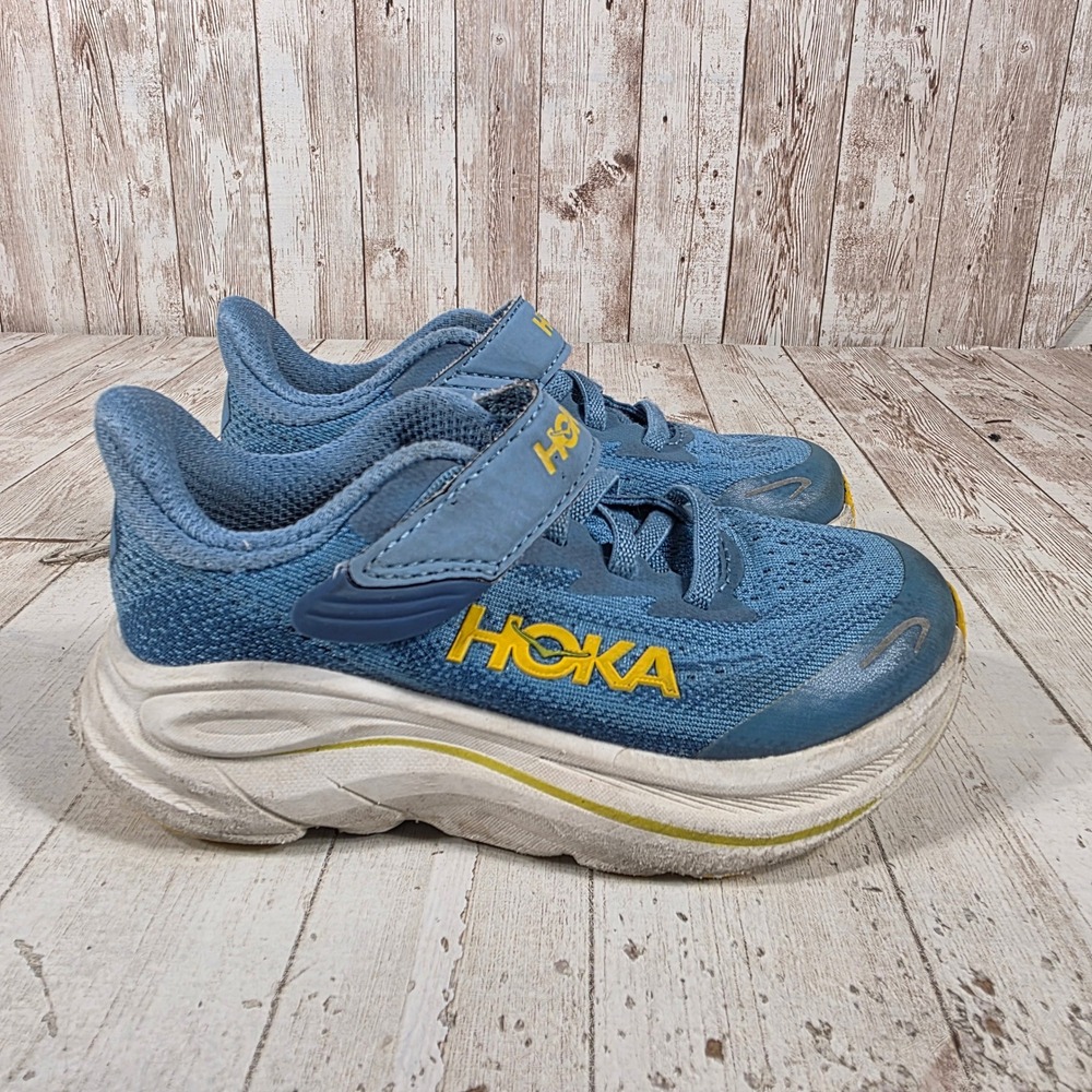 Hoka One One Clifton 9 Kids Blue Yellow Running Shoes Sneakers 11C Hook Loop